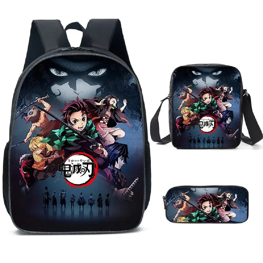 A pink Demon Slayer Backpack 3-piece set featuring Kamado Nezuko anime art, including a schoolbag, shoulder bag, and pencil case for students.