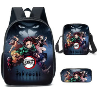 A pink Demon Slayer Backpack 3-piece set featuring Kamado Nezuko anime art, including a schoolbag, shoulder bag, and pencil case for students.