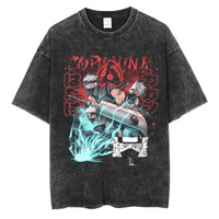A washed black Naruto Vintage T-Shirt featuring a hip hop style anime print, designed as Harajuku streetwear for men and women.
