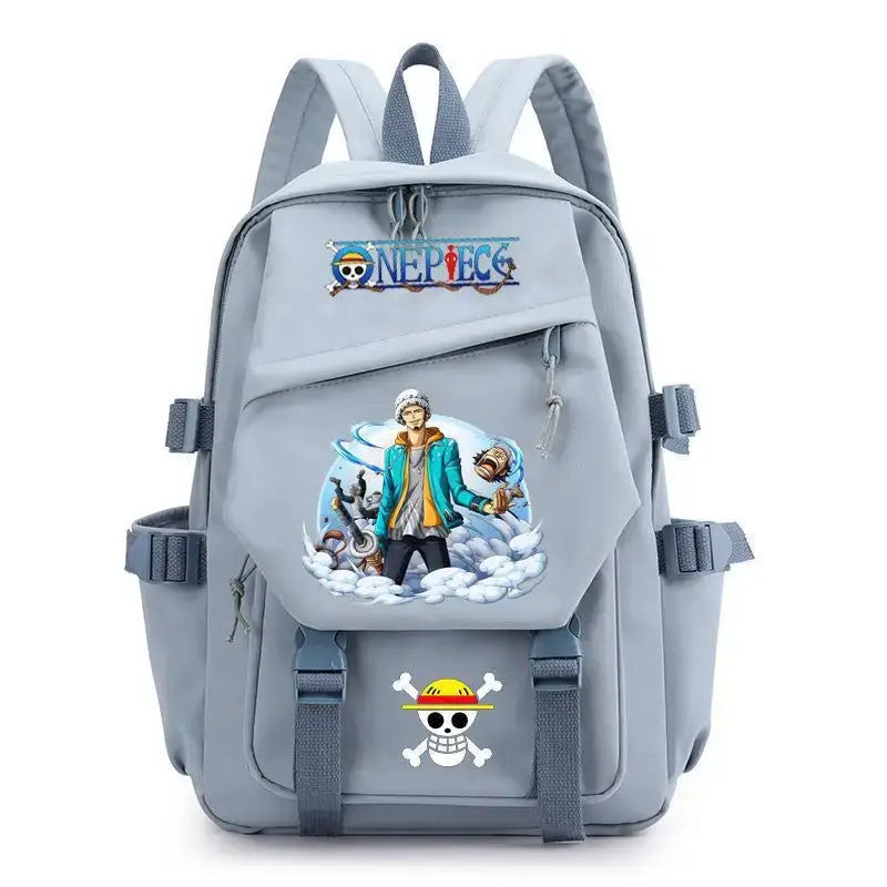 A lightweight canvas One Piece Backpack featuring kawaii anime characters, suitable for school, travel, and carrying a laptop computer.