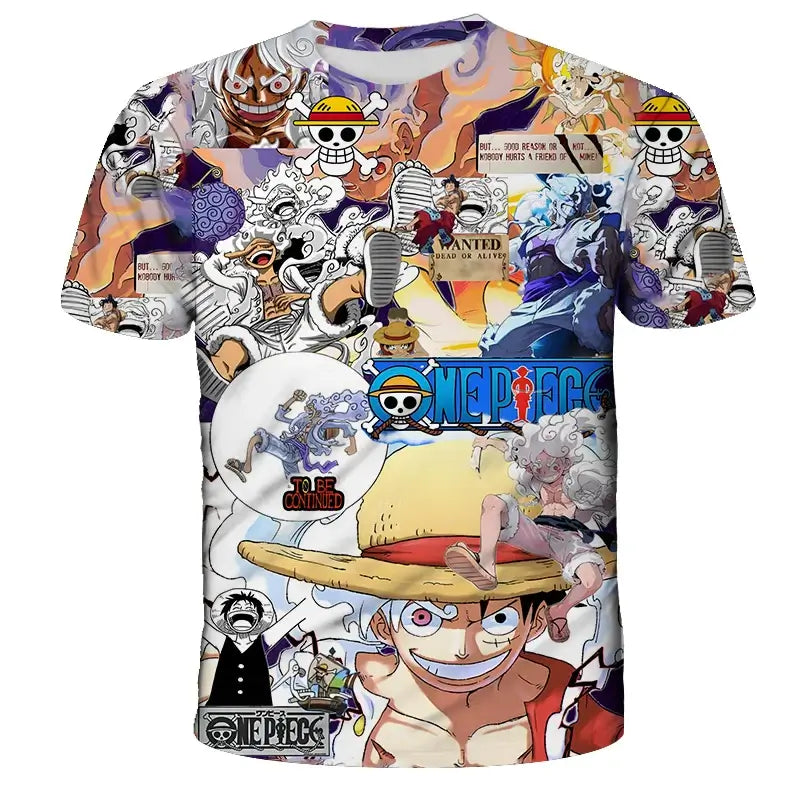 A breathable One Piece Luffy T-shirt featuring a cartoon graphic, designed as a loose-fit casual top for men and boys.