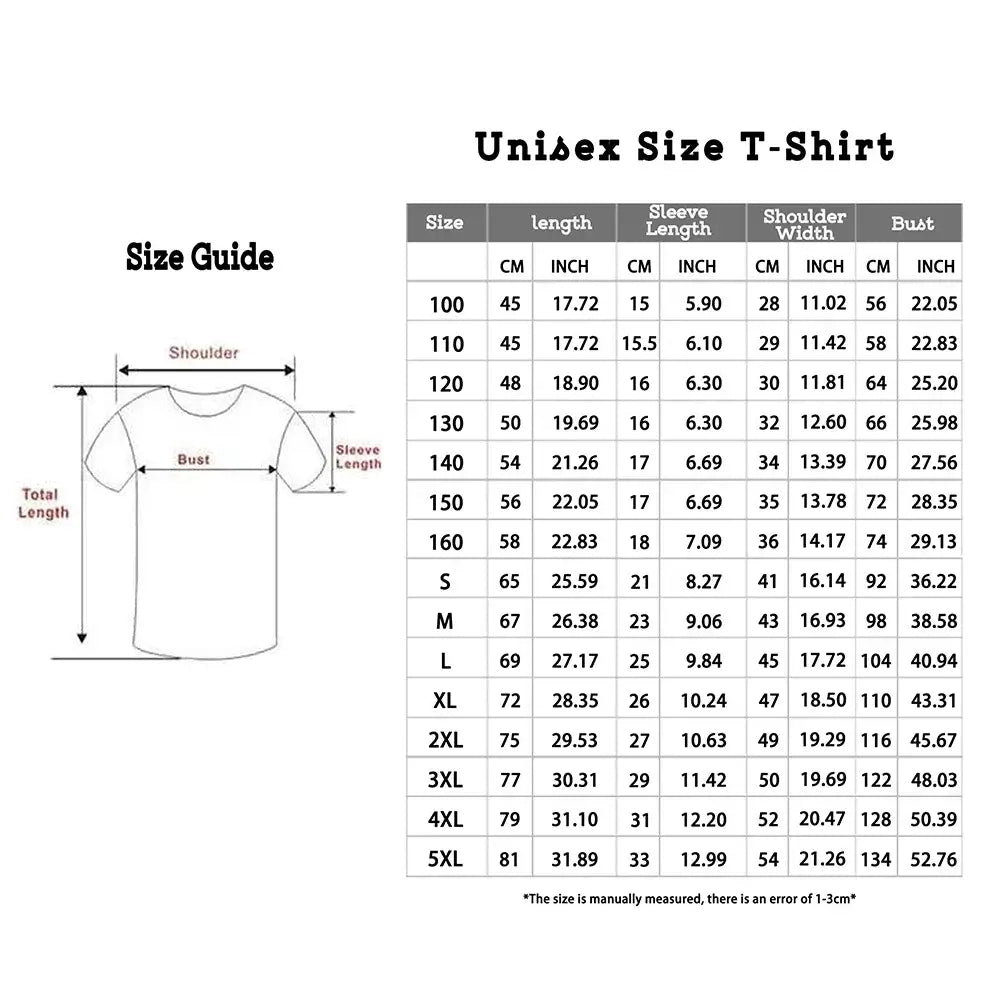 Luffy One Piece Indonesia Jersey close-up showing V-neck construction and colorful all-over anime artwork Size guide for Unisex T-Shirt detailing measurements in inches and centimeters.