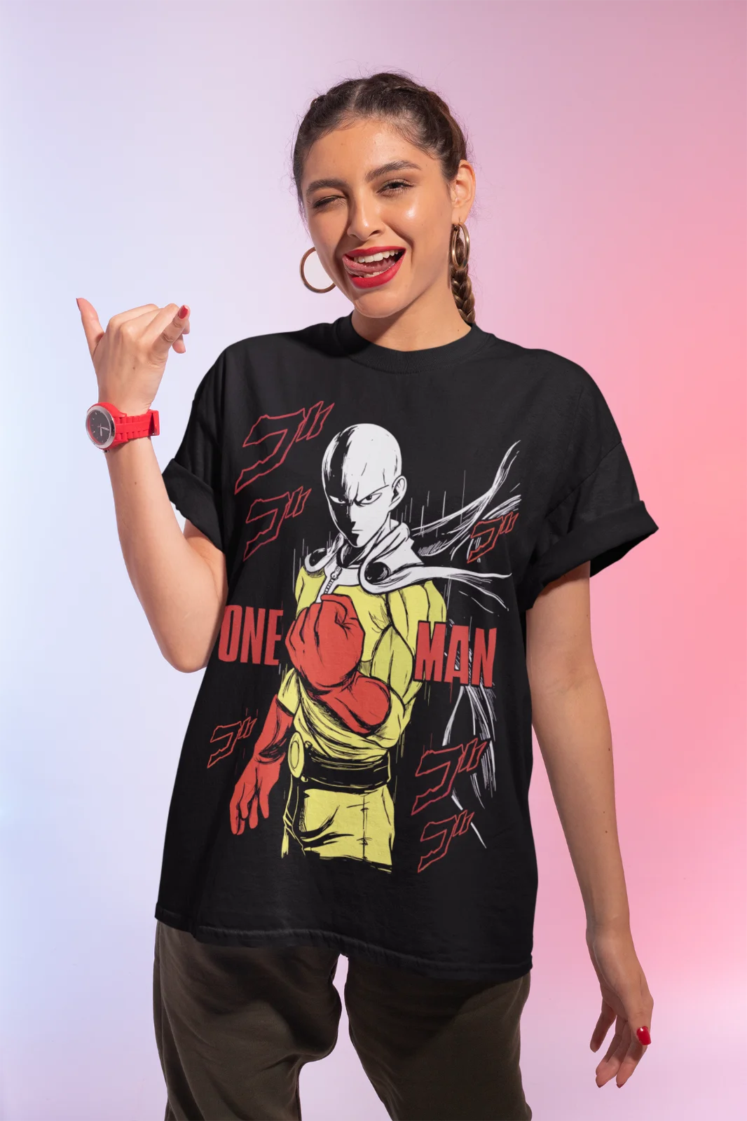 A premium black Saitama T-Shirt made of soft cotton, featuring a cool One Punch Man anime manga graphic for men and women.