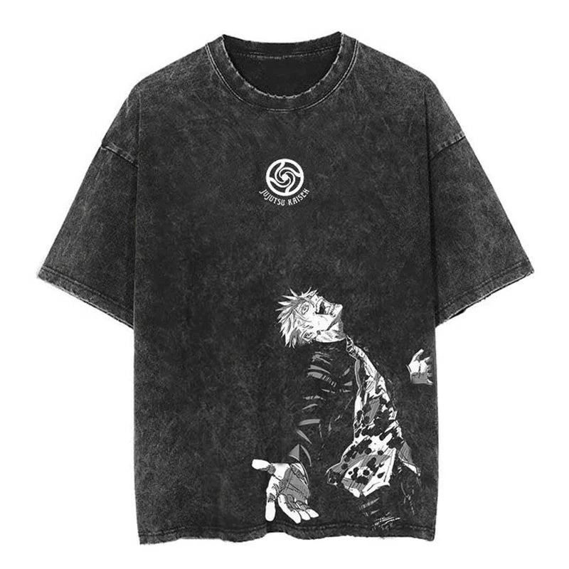Yuji and Sukuna Split Face T-Shirt showcasing a retro washed design with unique character artwork.