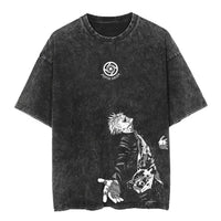 Yuji and Sukuna Split Face T-Shirt showcasing a retro washed design with unique character artwork.