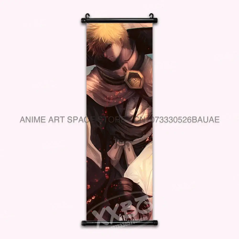 High-quality Bleach Anime Posters Japanese hanging scroll featuring Kurosaki Ichigo and Kuchiki Rukia printed on durable canvas for home decor.