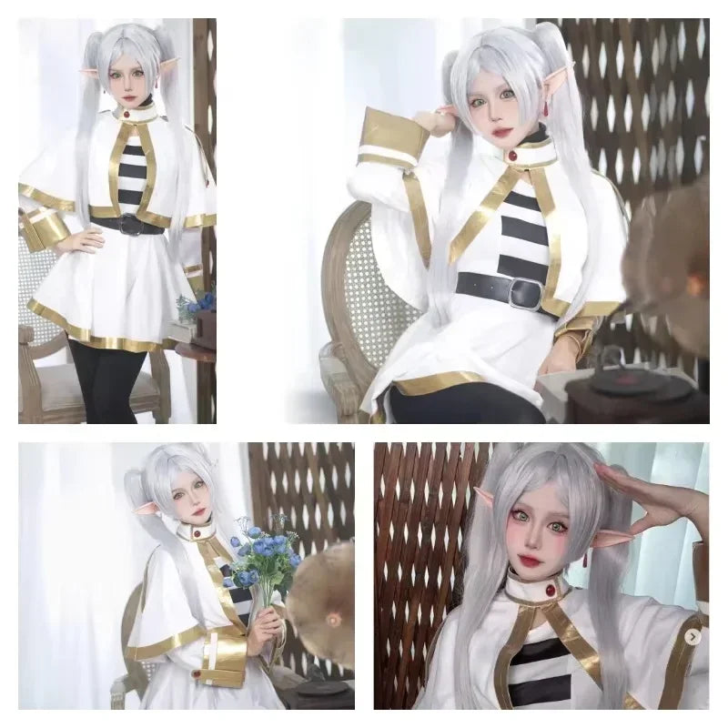 Frieren Cosplay Costume Set featuring dress, wig, elf ears, and earrings for anime enthusiasts.
