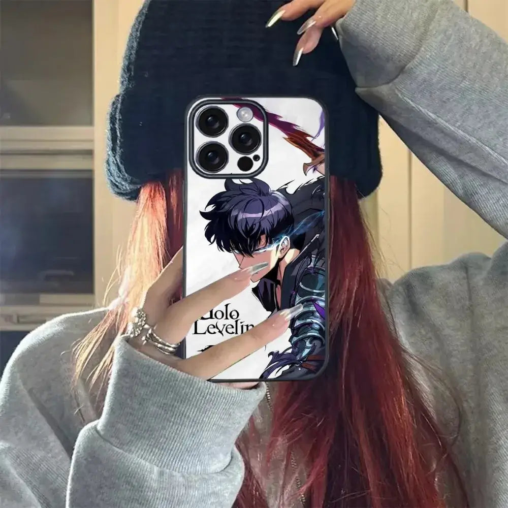 A soft TPU Solo Leveling Phone Case featuring Sung Jinwoo anime art, compatible with Apple iPhone 16, 15, and 14 Pro Max.