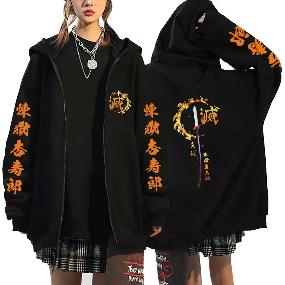A casual loose Harajuku Fashion Anime Cartoon Demon Slayer Pattern Print Sweatshirt and fleece zipper hoodie for men and women.