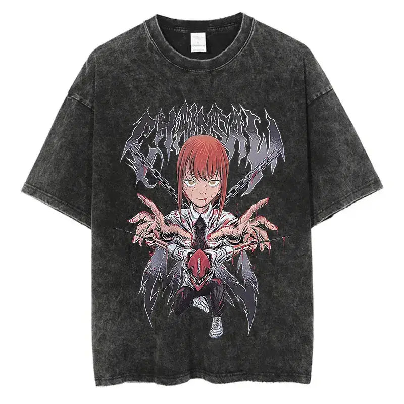 A vintage-washed black Chainsaw Man T-Shirt made of soft cotton, featuring a Denji graphic print, designed as oversized Harajuku streetwear.