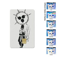 A waterproof Naruto Credit Card Skin PVC sticker featuring Uchiha Sasuke anime art applied to a standard debit bank card.