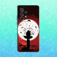 A black soft silicone Itachi Phone Case featuring Uchiha anime art, compatible with Samsung Galaxy S25, S24, S23, S22 Ultra and Plus models.