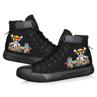 Trendy One Piece Luffy High Top Shoes featuring anime character art, designed as breathable non-slip leisure sports sneakers for students.