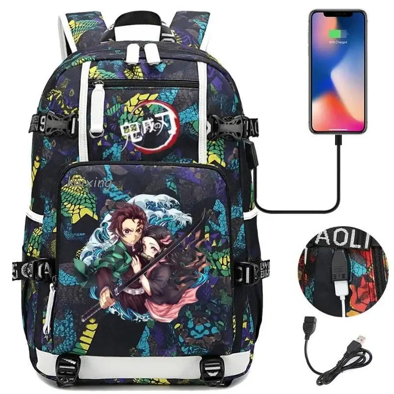 A pink and black Nezuko Demon Slayer Backpack featuring a USB charging port and kawaii anime character art, designed for teen girls and students.