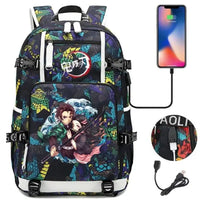 A pink and black Nezuko Demon Slayer Backpack featuring a USB charging port and kawaii anime character art, designed for teen girls and students.