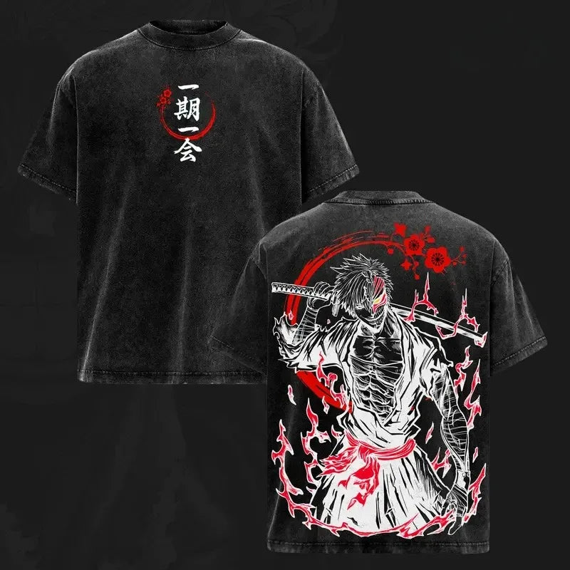 Bleach T-Shirt Vintage Washed Anime Streetwear oversized nylon-cotton blend Y2K hip-hop Bleach anime graphic washed finish applique unisex S to XXXL front view