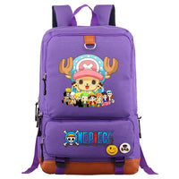 A large, unisex One Piece Luffy Printed Unisex Backpack suitable for school and travel, with compartments for a laptop and iPad.