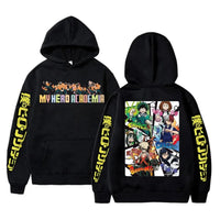 An oversized Midoriya Izuku Hoodie featuring a black and white manga graphic print, styled as unisex Harajuku streetwear for men and women.