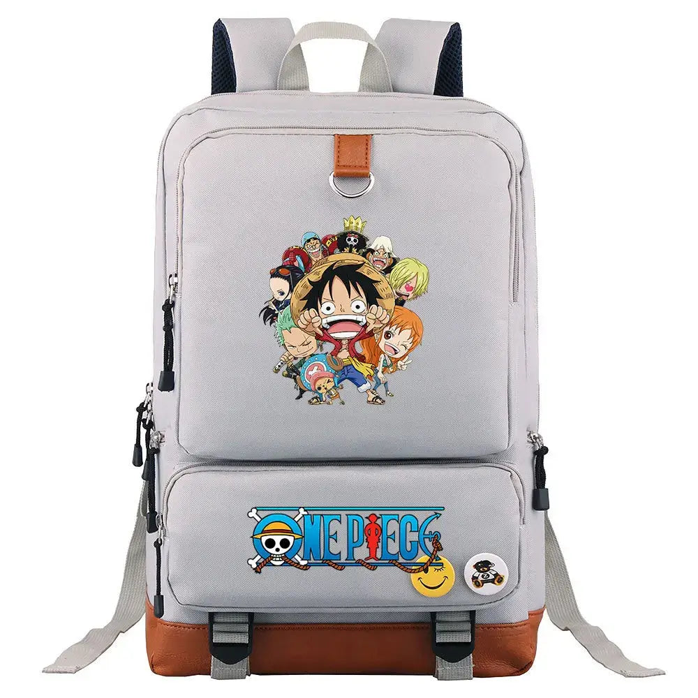 A large, unisex One Piece Luffy Printed Unisex Backpack suitable for school and travel, with compartments for a laptop and iPad.