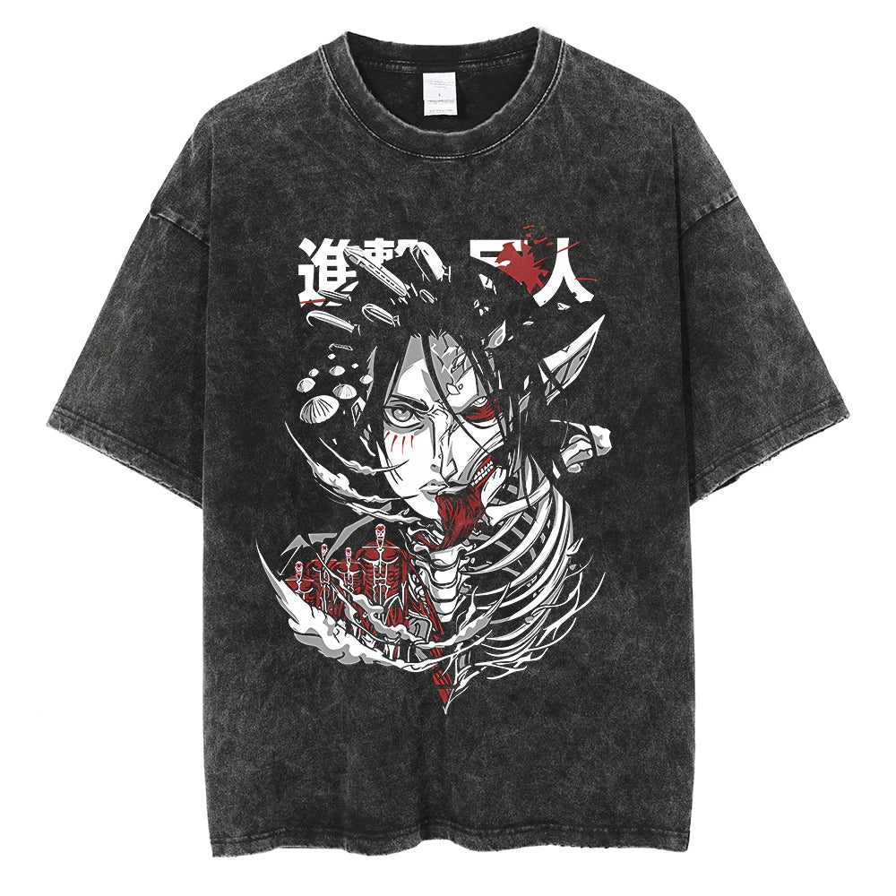 A vintage-washed Eren Jaeger T-Shirt featuring a gritty Attack on Titan manga graphic, styled as oversized Harajuku streetwear for men and women.