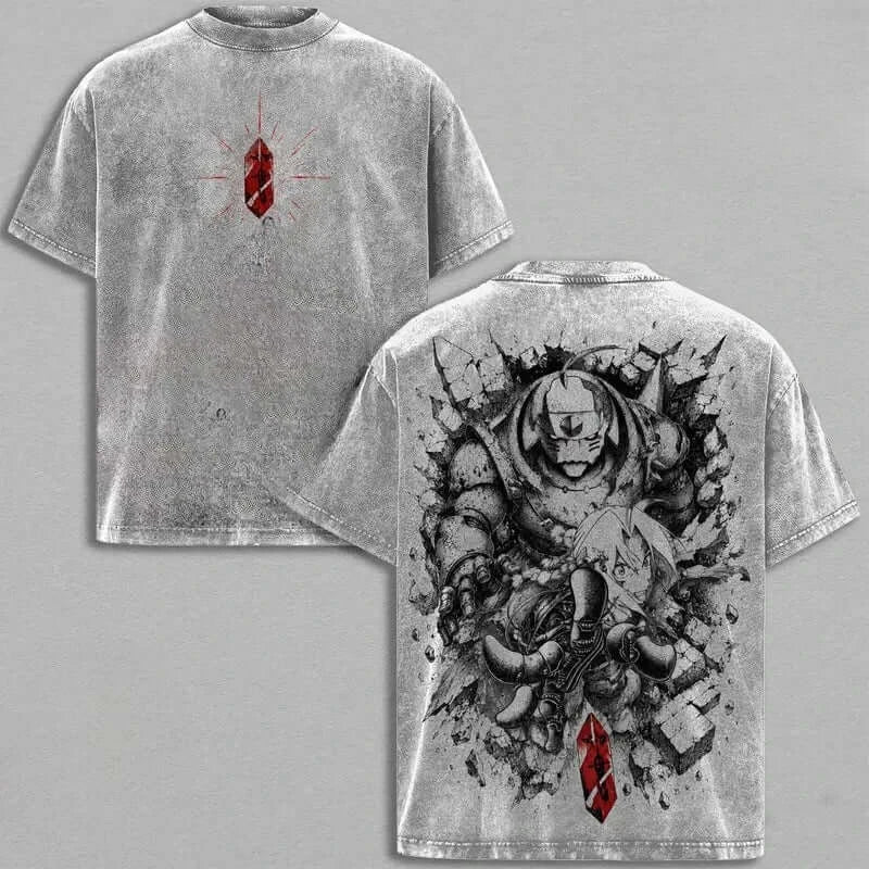 Edward and Alphonse Elric T-Shirt featuring striking artwork on a retro-washed design with red alchemical symbol.