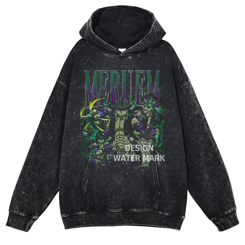 Gon Freecss Hunter x Hunter Washed Hoodie featuring a colorful manga-inspired design on a black pullover.