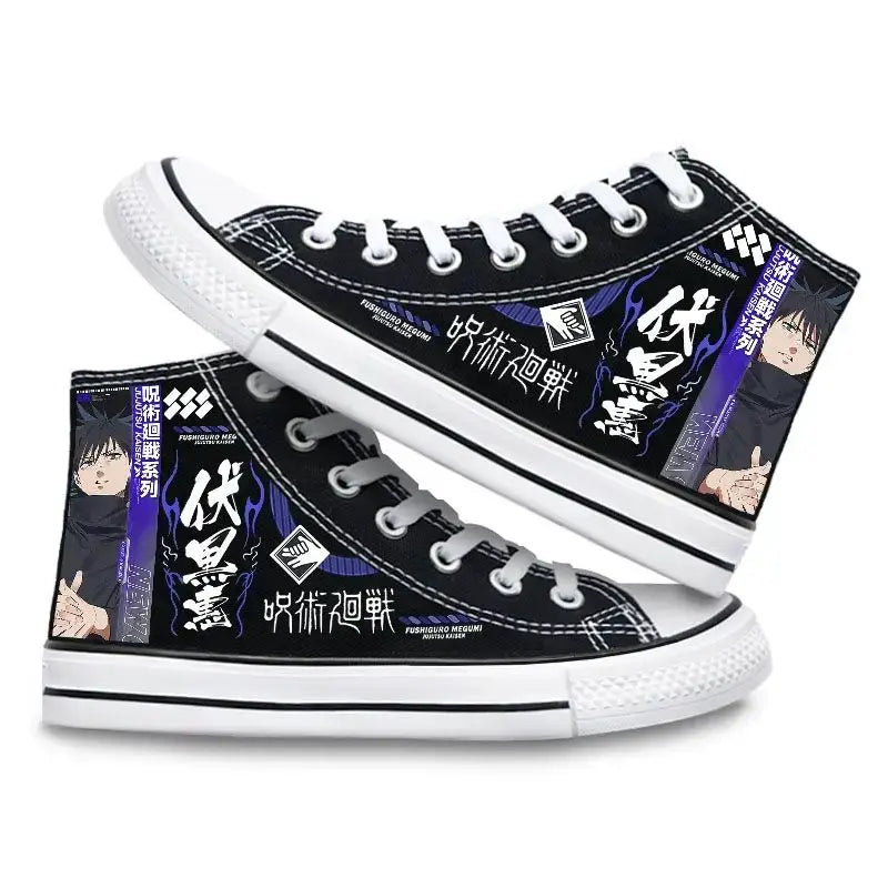 Pair of Jujutsu Kaisen Canvas Shoes featuring Gojo Satoru and Fushiguro Megumi creative cartoon patterns, designed as fashion high-top sneakers.