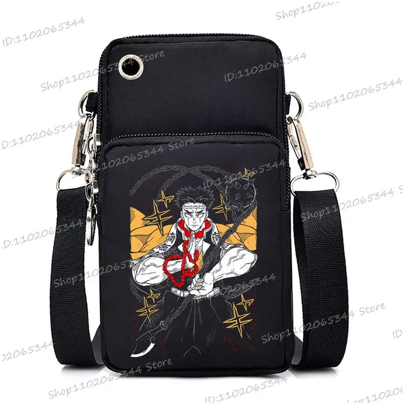A trendy Demon Slayer Phone Bag featuring anime art of Nezuko Kamado and Mitsuri Kanroji, designed as a Harajuku mini crossbody purse for women and men.