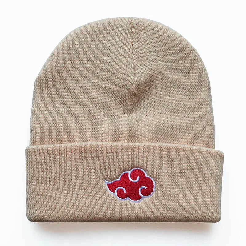 A black knitted Akatsuki Beanie featuring the red cloud embroidery symbol, designed as a warm unisex winter hat for men and women.