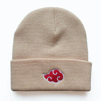 A black knitted Akatsuki Beanie featuring the red cloud embroidery symbol, designed as a warm unisex winter hat for men and women.