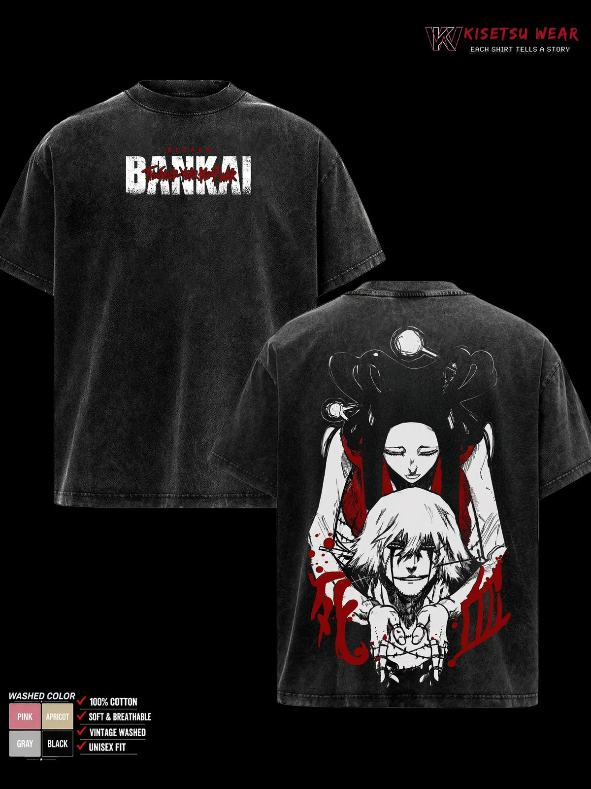 Kisuke Urahara Bleach Washed T-Shirt featuring vintage design and soft cotton, available in various sizes.