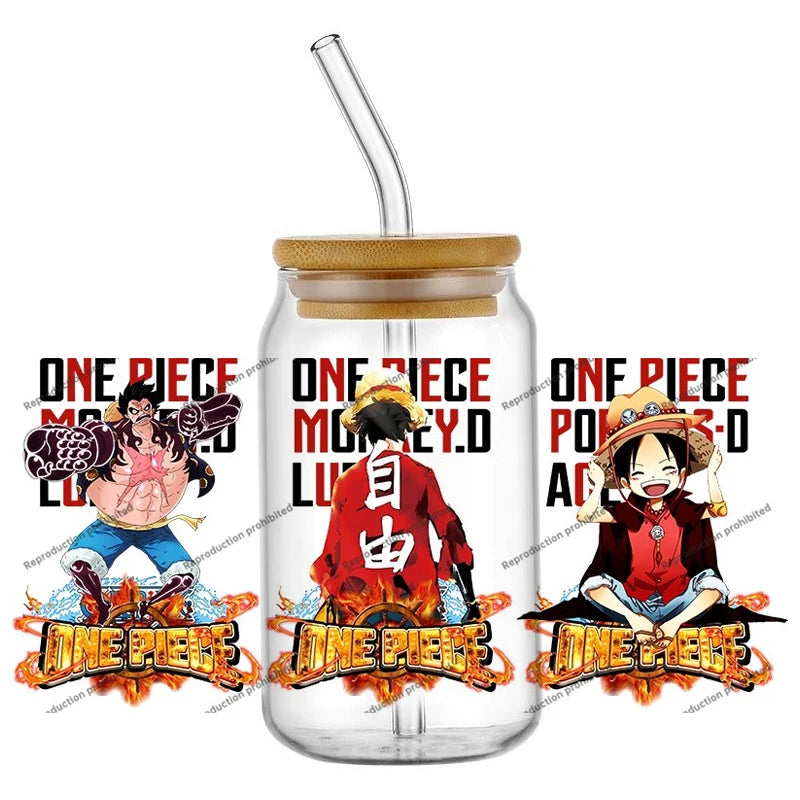 A collection of the newest 31 designs of popular One Piece UV DTF Stickers for a 16oz glass cup.