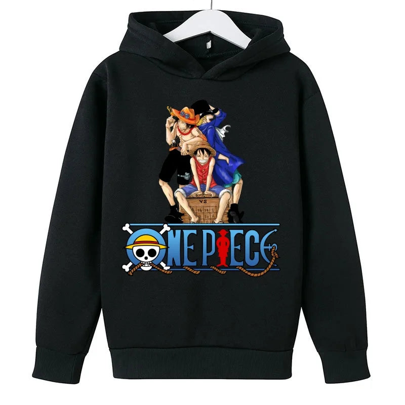 A trendy One Piece Kids Hoodie featuring cartoon graphic prints of Luffy and Zoro, designed as a casual spring and autumn pullover for children.