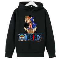 A trendy One Piece Kids Hoodie featuring cartoon graphic prints of Luffy and Zoro, designed as a casual spring and autumn pullover for children.