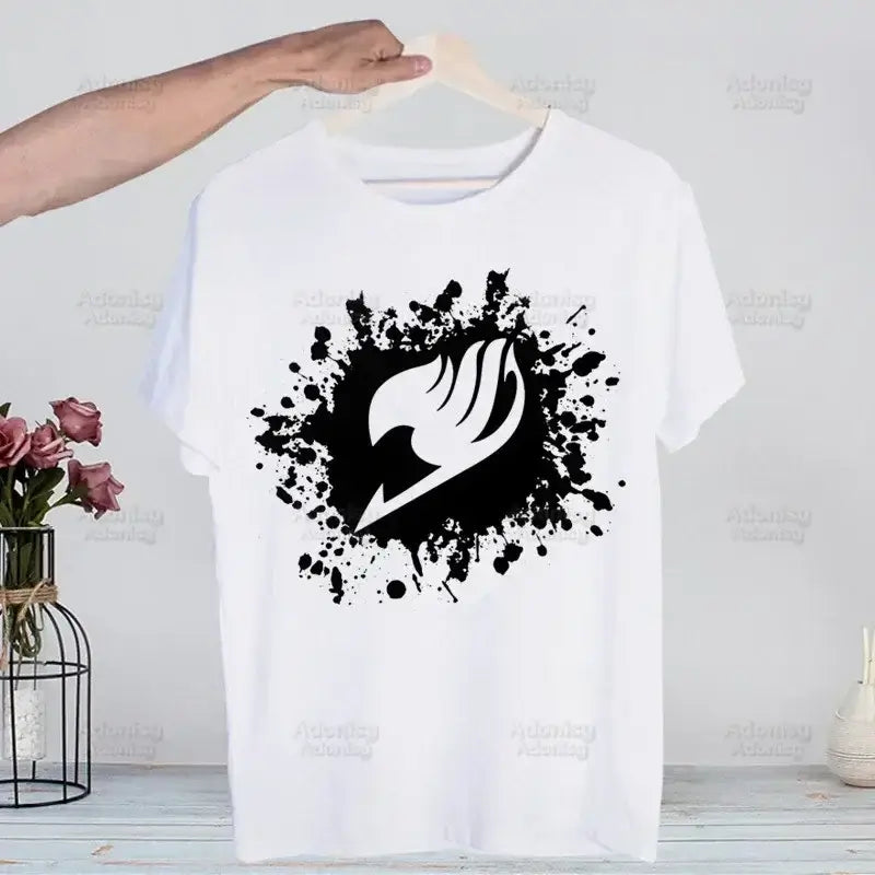A hip hop style Fairy Tail T-shirt made of cotton featuring anime characters Natsu Dragneel and Lucy Heartfilia.