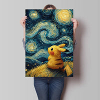 A stunning Van Gogh Pokemon Wall Art piece featuring Pikachu painted in a Starry Night impressionist style for unique home decoration.