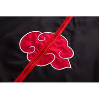 A long black Akatsuki Itachi Cloak cosplay costume featuring iconic red clouds and accessories, suitable for kids and adults for Halloween.
