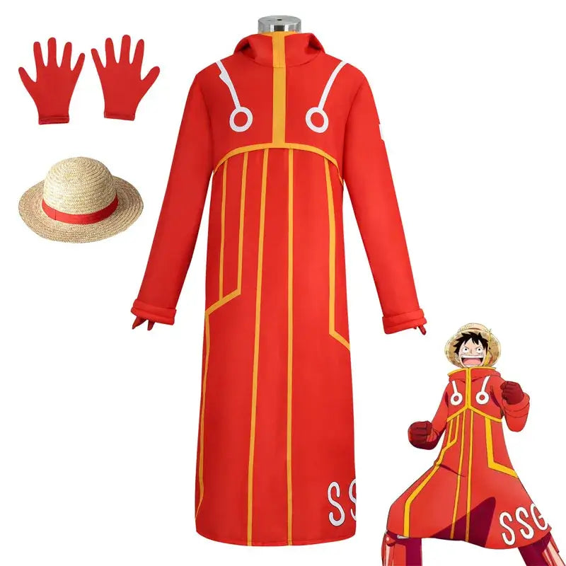 An adult wearing the 5-style Anime Monkey D Luffy Cosplay Costume from the Egghead arc, including the coat and hat.