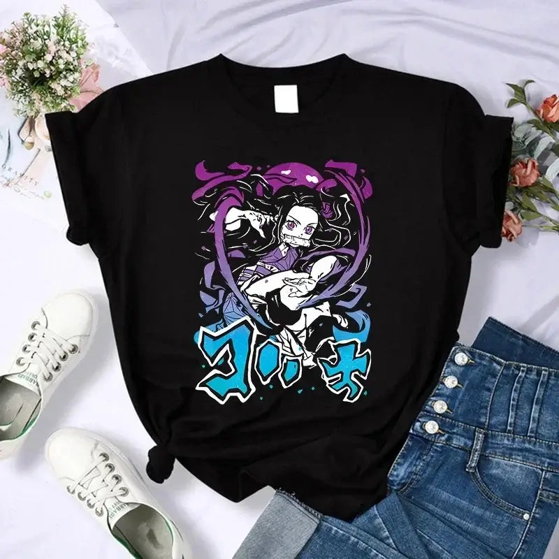 A Demon Slayer T Shirt for Women, a female Kimetsu No Yaiba graphic tee with a Nezuko and Tanjirou Kamado print.