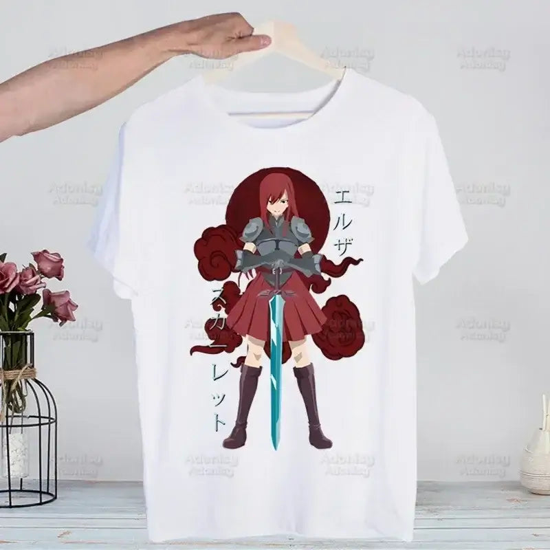 A hip hop style Fairy Tail T-shirt made of cotton featuring anime characters Natsu Dragneel and Lucy Heartfilia.