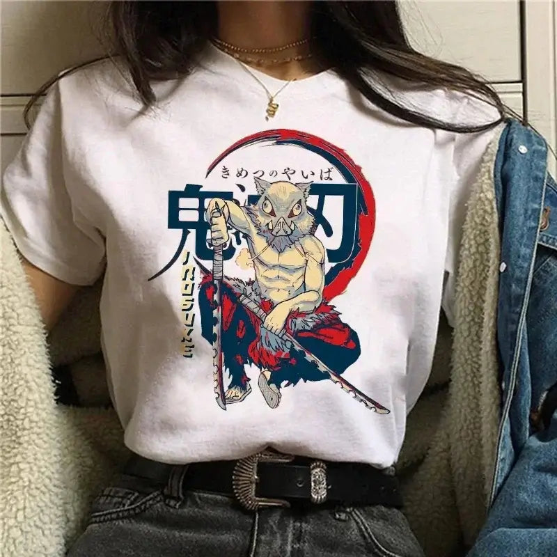 A Demon Slayer T Shirt for Women, a female Kimetsu No Yaiba graphic tee with a Nezuko and Tanjirou Kamado print.