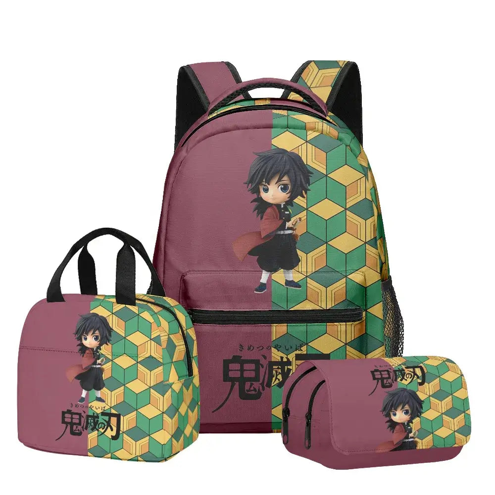 A 3-piece Demon Slayer Backpack Set featuring Tanjiro and Nezuko anime art, including a school bag, lunch box, and pencil case for elementary students.