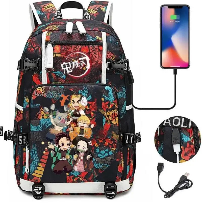 A pink and black Nezuko Demon Slayer Backpack featuring a USB charging port and kawaii anime character art, designed for teen girls and students.
