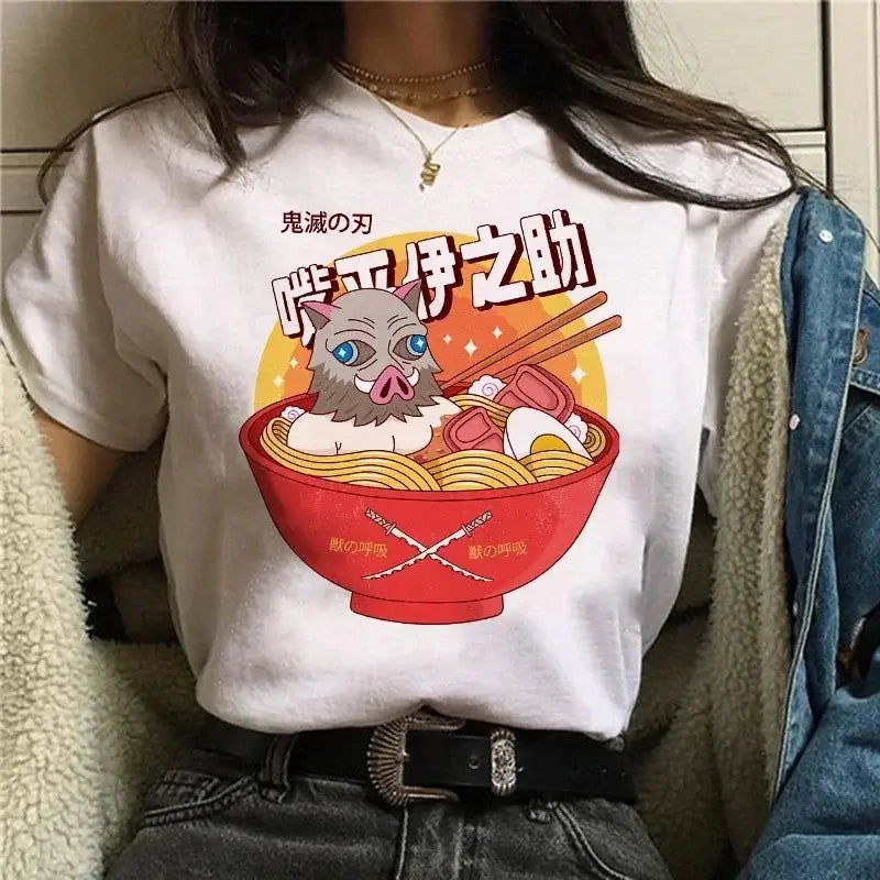 A Demon Slayer T Shirt for Women, a female Kimetsu No Yaiba graphic tee with a Nezuko and Tanjirou Kamado print.
