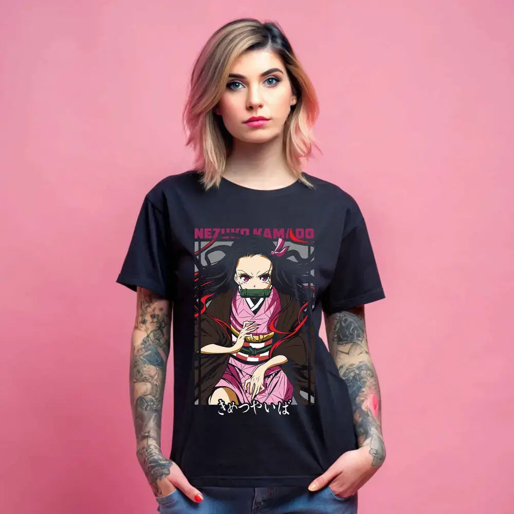 A stylish Nezuko T-Shirt featuring vibrant Demon Slayer anime art and Mitsuri Kanroji motifs, designed as a premium cotton tee for fans.