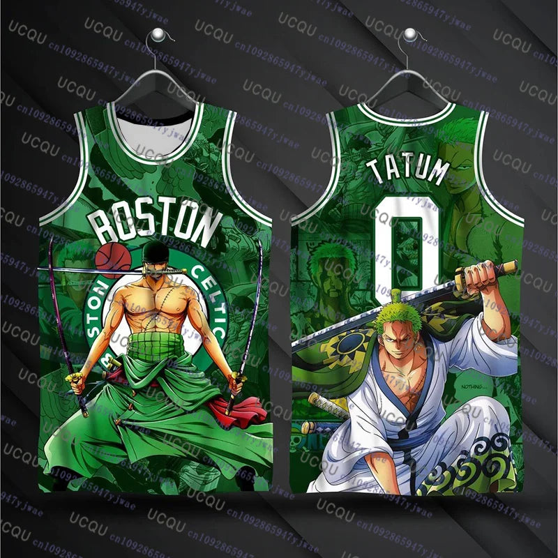A breathable One Piece Basketball Jersey sleeveless vest featuring Monkey D. Luffy and Roronoa Zoro with Tatum No.0 branding for outdoor fitness.