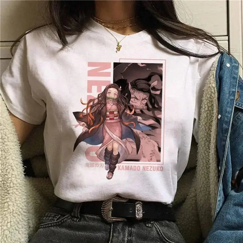 A Demon Slayer T Shirt for Women, a female Kimetsu No Yaiba graphic tee with a Nezuko and Tanjirou Kamado print.