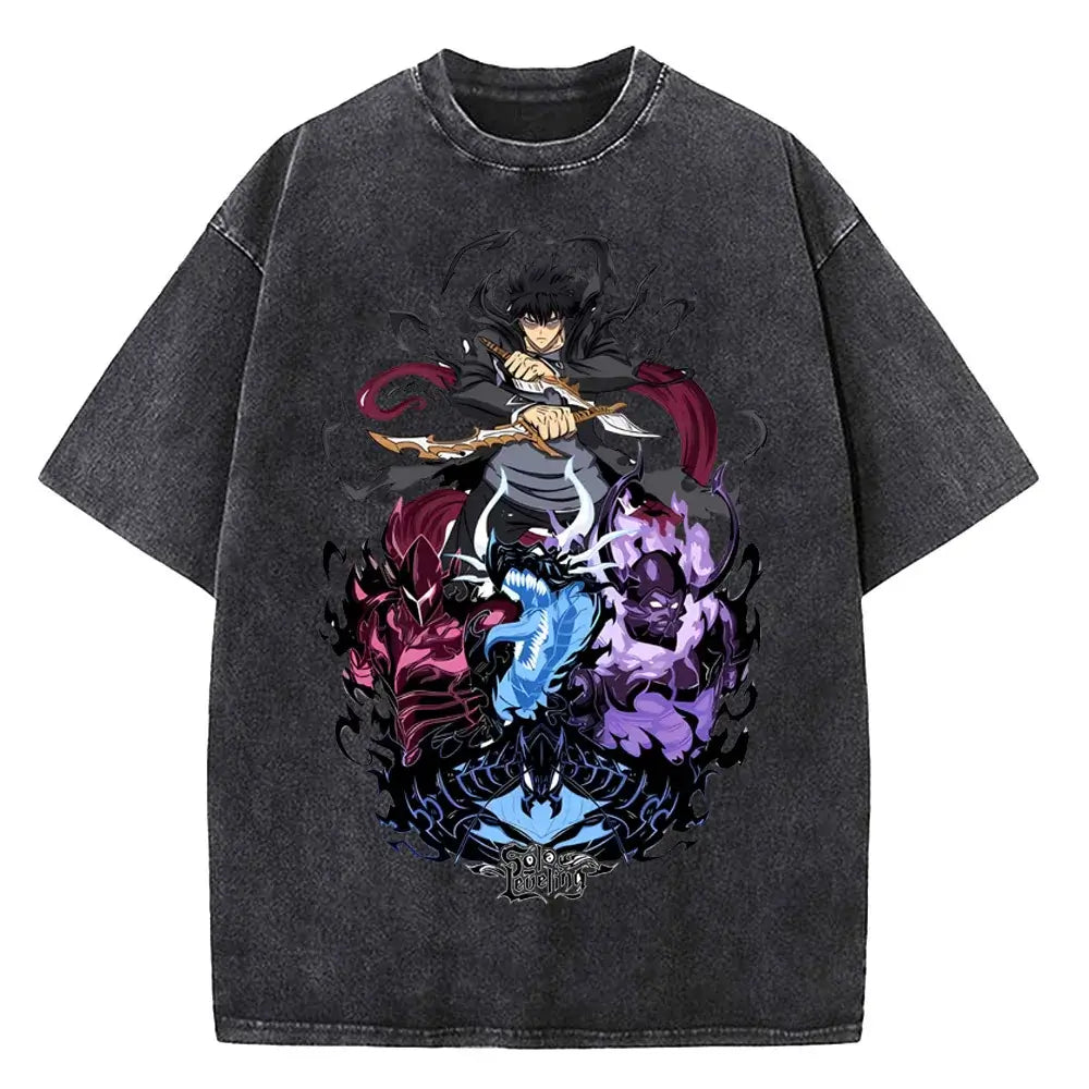A vintage-style Solo Leveling Vintage T-shirt made of washed black cotton featuring a Sung Jinwoo graphic print, designed as Harajuku streetwear.