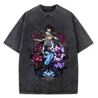 A vintage-style Solo Leveling Vintage T-shirt made of washed black cotton featuring a Sung Jinwoo graphic print, designed as Harajuku streetwear.