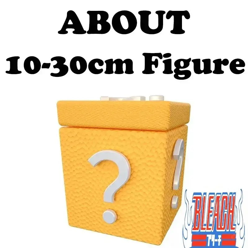A vibrant Bleach Blind Box packaging revealing highly detailed anime action figures of Kurosaki Ichigo, Sosuke Aizen, and Rukia Kuchiki for collector display.